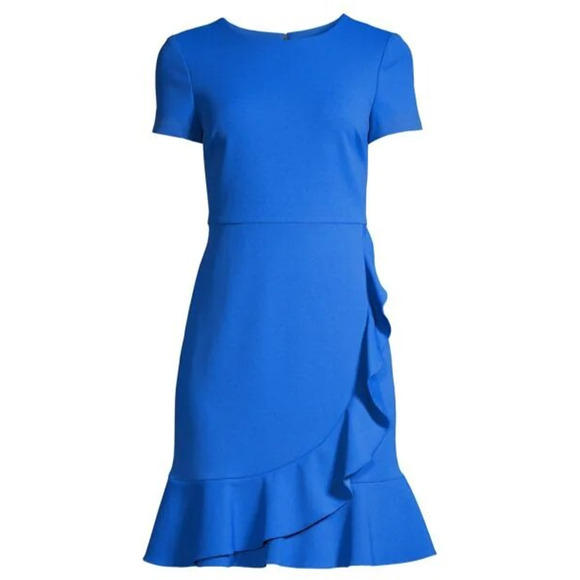 New Karl Lagerfeld Flared Ruffle Dress Womens 6 Blue Short Sleeve Back Zip Paris - Picture 3 of 11
